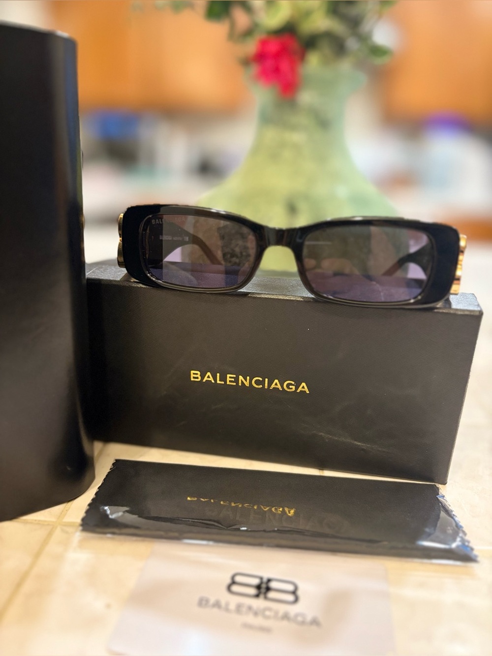 Balenciaga Black Rectangle Sunglasses with Subtle black Lenses gold BB